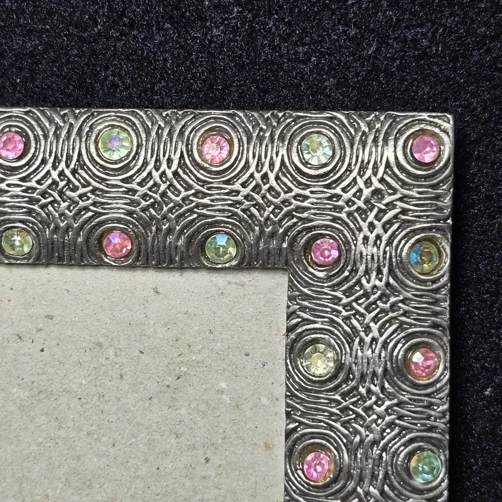 Vintage Style Silver Tone Metal Photo Frame with Pink Green Rhinestones 4x6